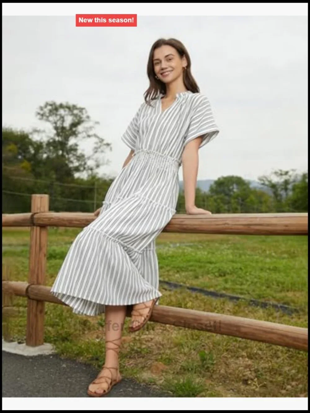 Striped Boho Midi Dress with Pockets Flowy Summer Beach